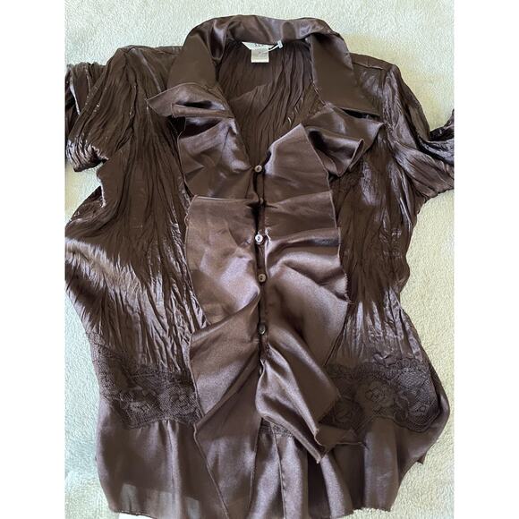 Vintage Y2K Brown Bell Sleeve Crinkle Top Blouse Large Fairy Romantic Textured - Picture 14 of 15